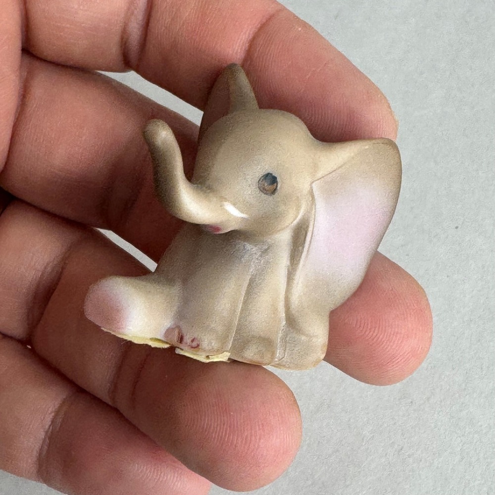 Vintage Miniature Porcelain Elephant Figurine Matte Brown‎ Pink 1.5"